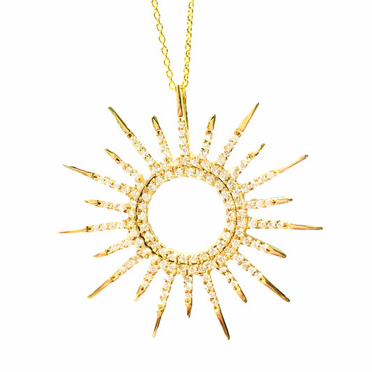 18K Yellow Gold Shining Sun Diamond Pendant Necklace