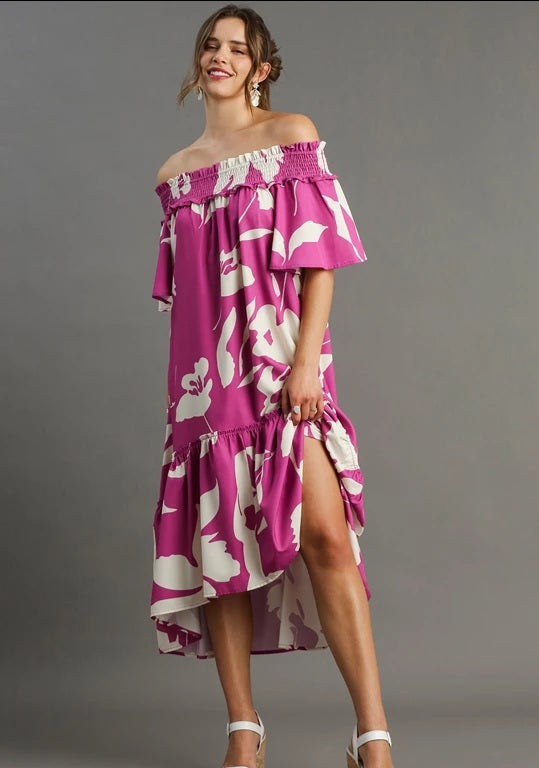 Umgee Smoked off the Shoulder Floral Print Midi Dress