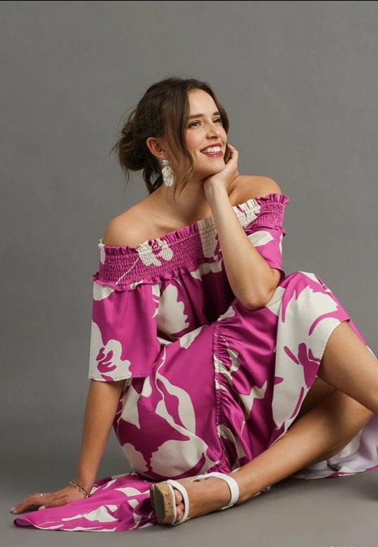 Umgee Smoked off the Shoulder Floral Print Midi Dress