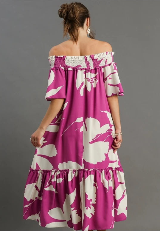 Umgee Smoked off the Shoulder Floral Print Midi Dress