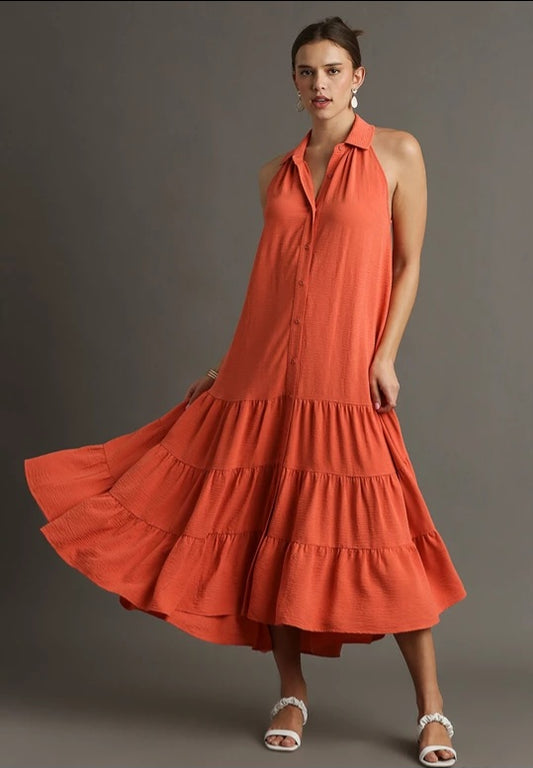 Umgee Halter Neck Sleeveless Mid Button Ruffle Tiered Maxi Dress