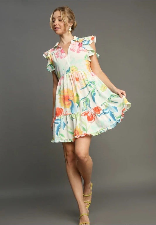 Umgee Floral Print Collared Mini Dress Ruffle Sleeve