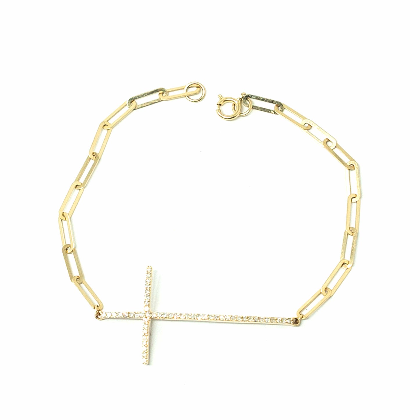 14K Yellow Gold Paperclip Diamond Cross Bracelet