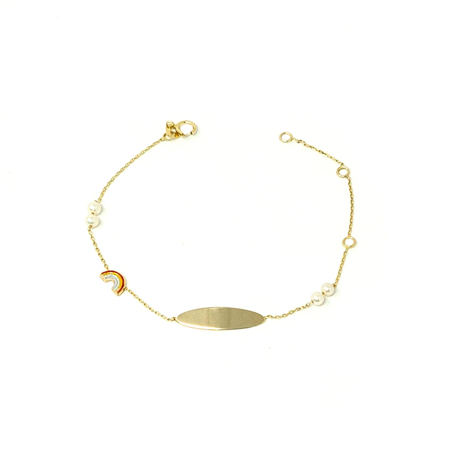 14K Yellow Gold Rainbow & Pearl Girl ID Bracelet