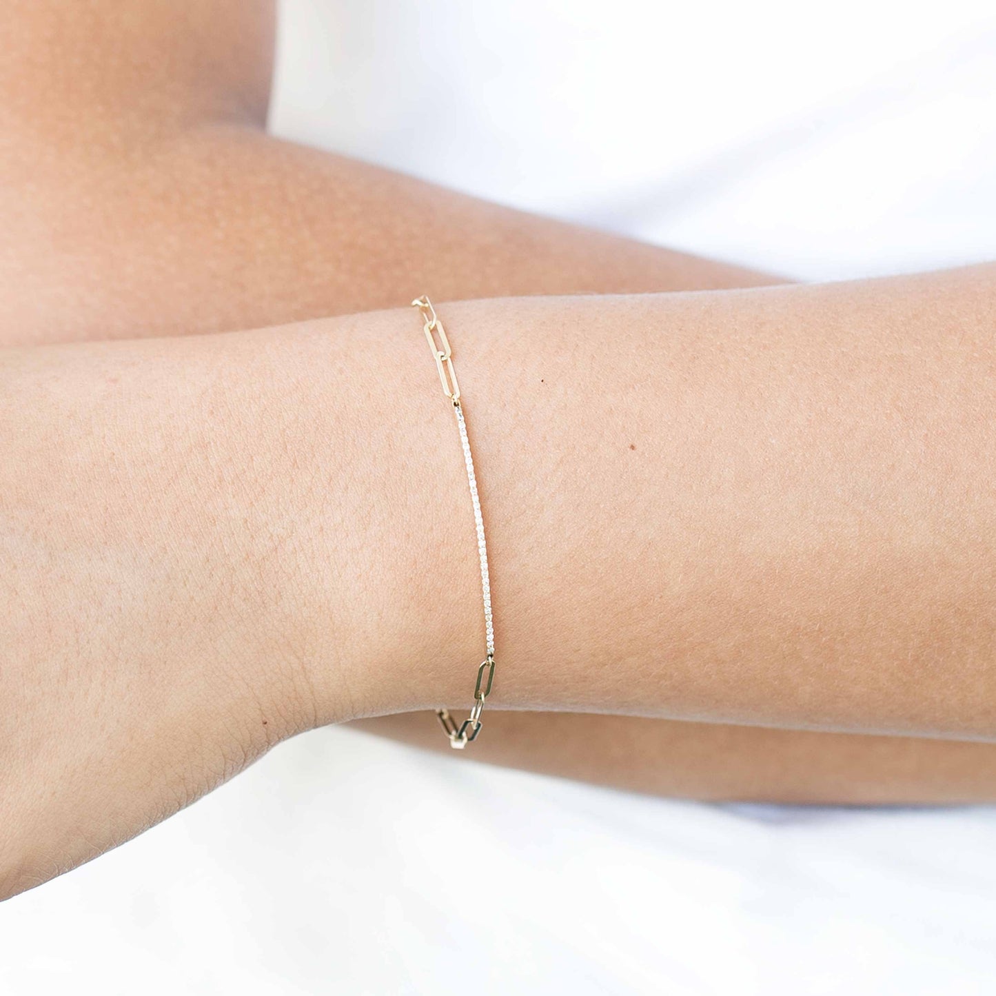 14K Yellow Gold Paperclip Tennis Bar Bracelet