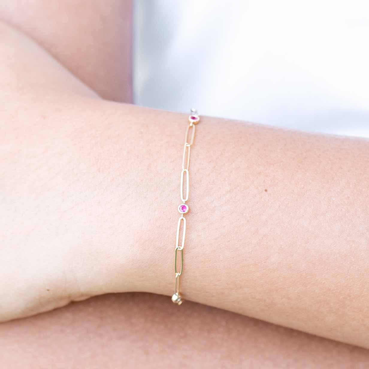 14K Yellow Gold Paperclip Ruby Bracelet