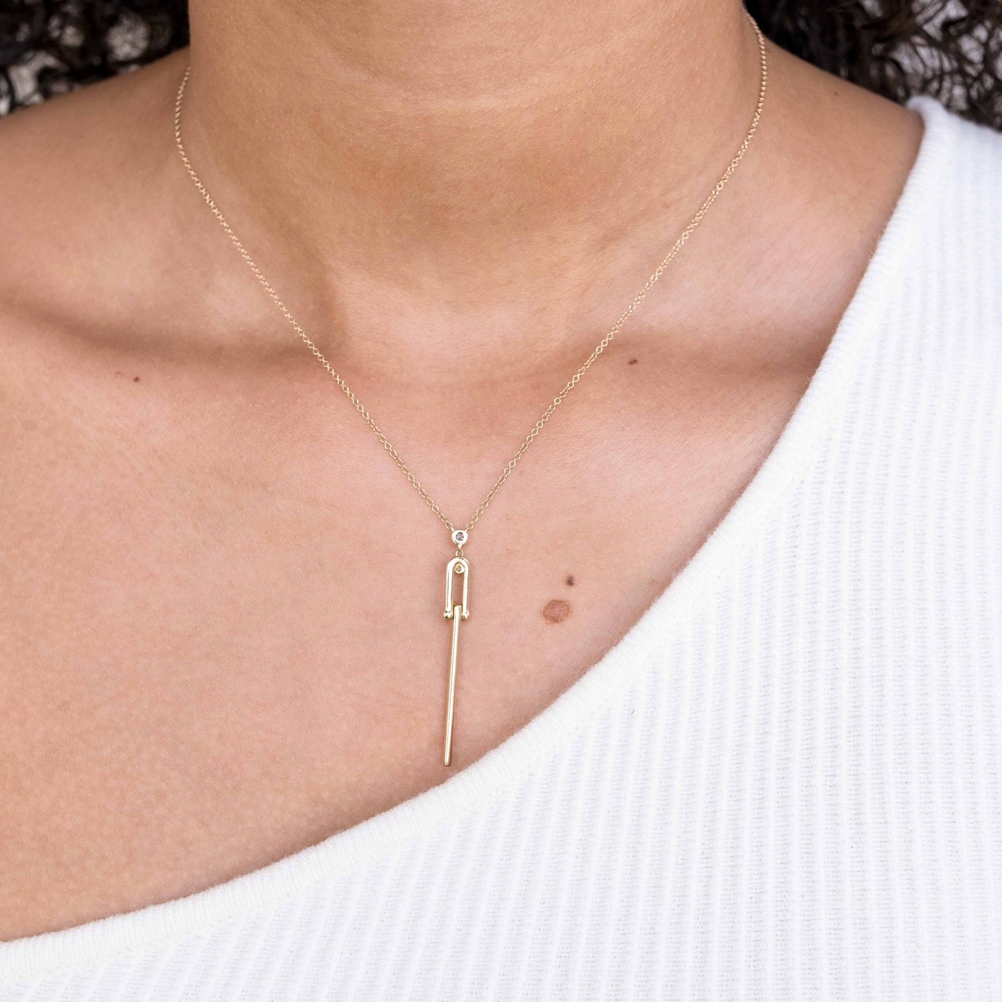 14K Yellow Gold Diamond Bar Drop Pendant Necklace