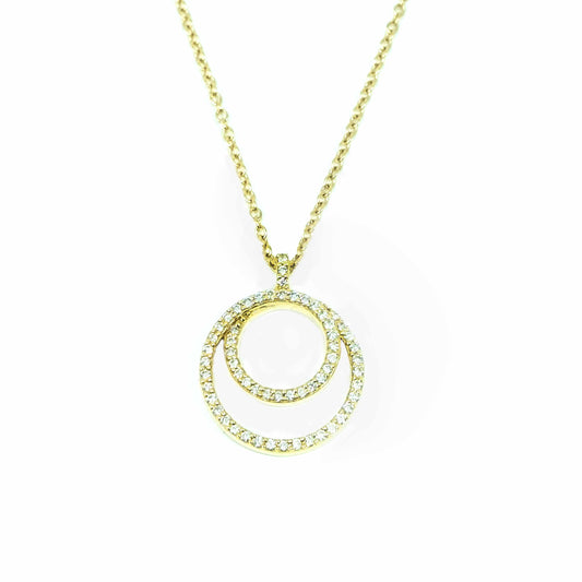 18K Yellow Gold Circle within a Circle Diamond Pendant Necklace