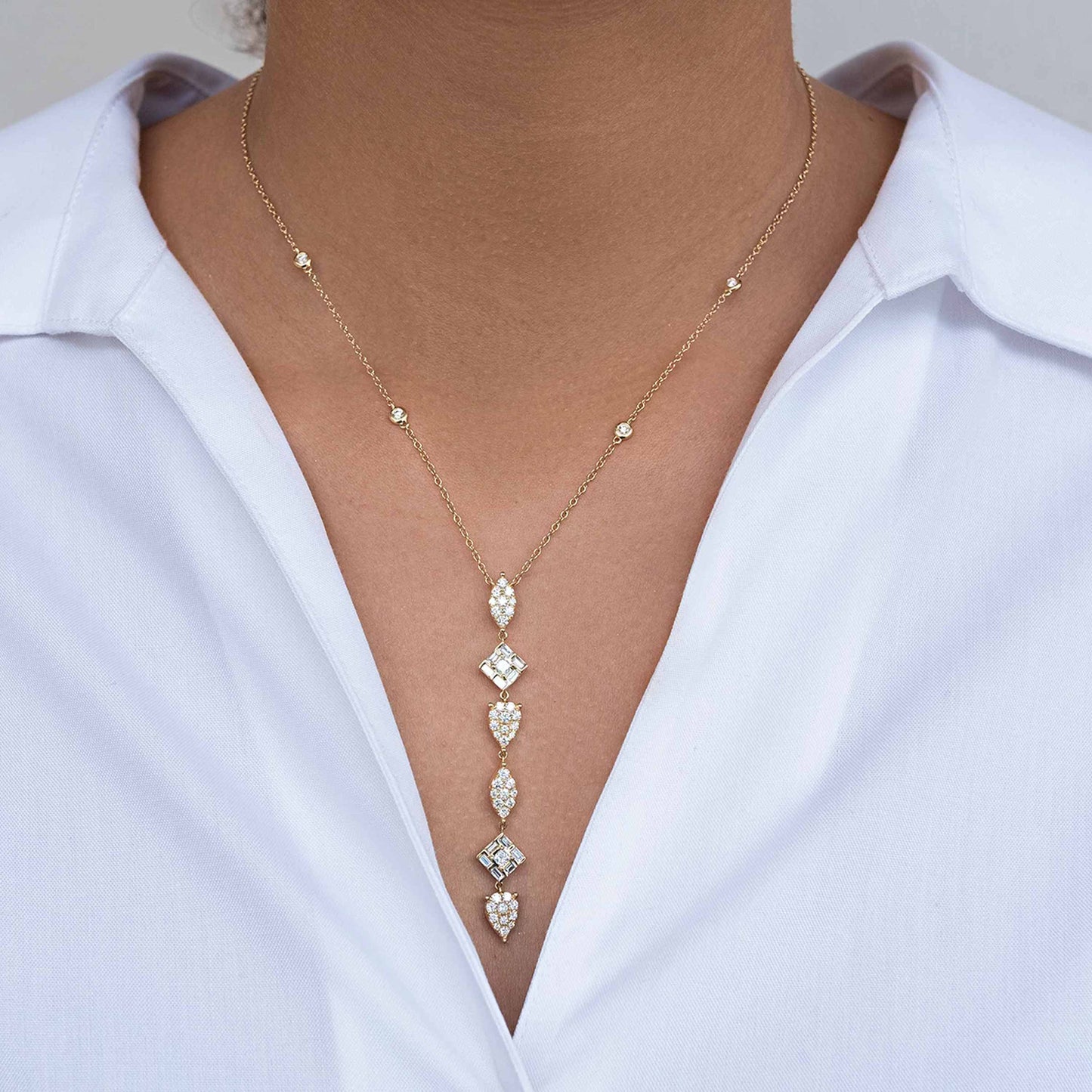 18K Yellow Gold and Diamond Multi-shape Lariat Drop Necklace