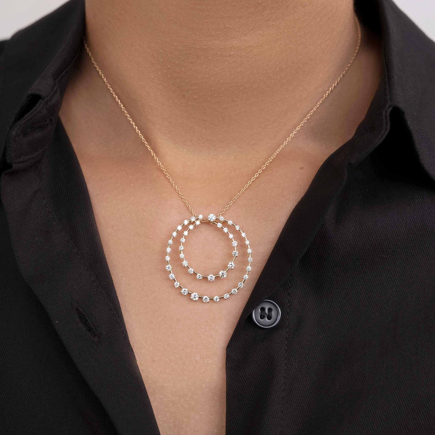 18K Rose Gold Double Circle Diamond Pendant Chain