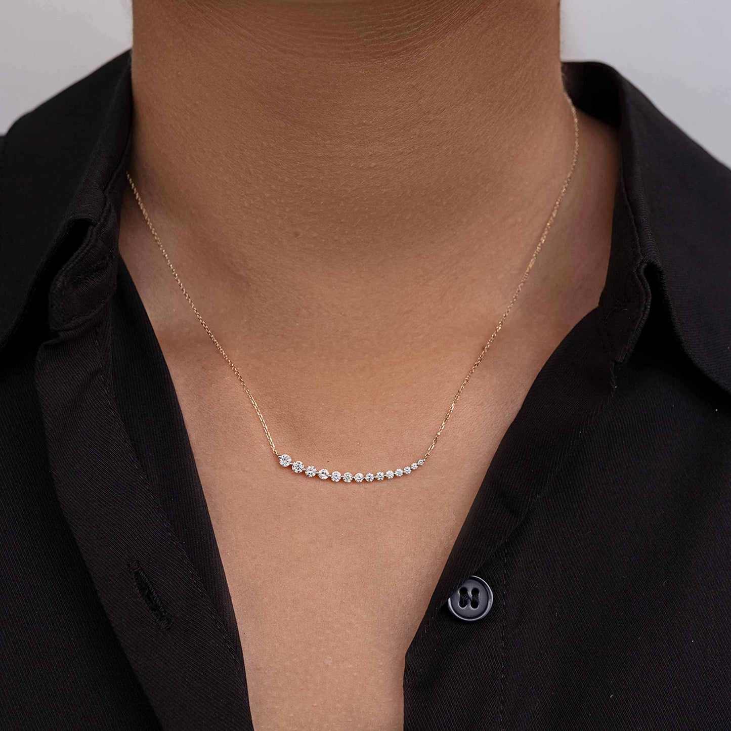 14k Yellow Gold Graduated Curve Bar Diamond Necklace