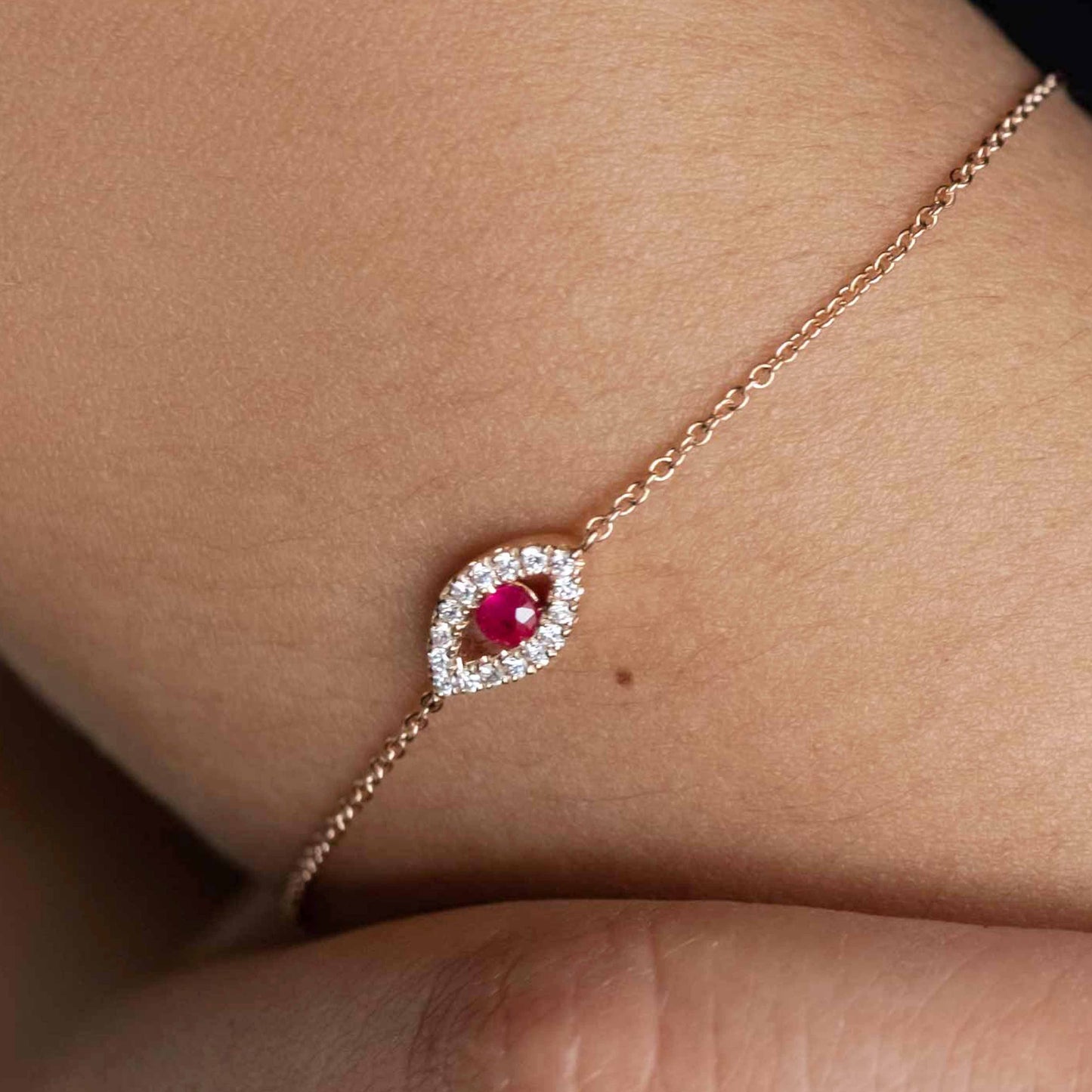 18K Rose Gold Ruby and Diamond Evil Eye Bracelet