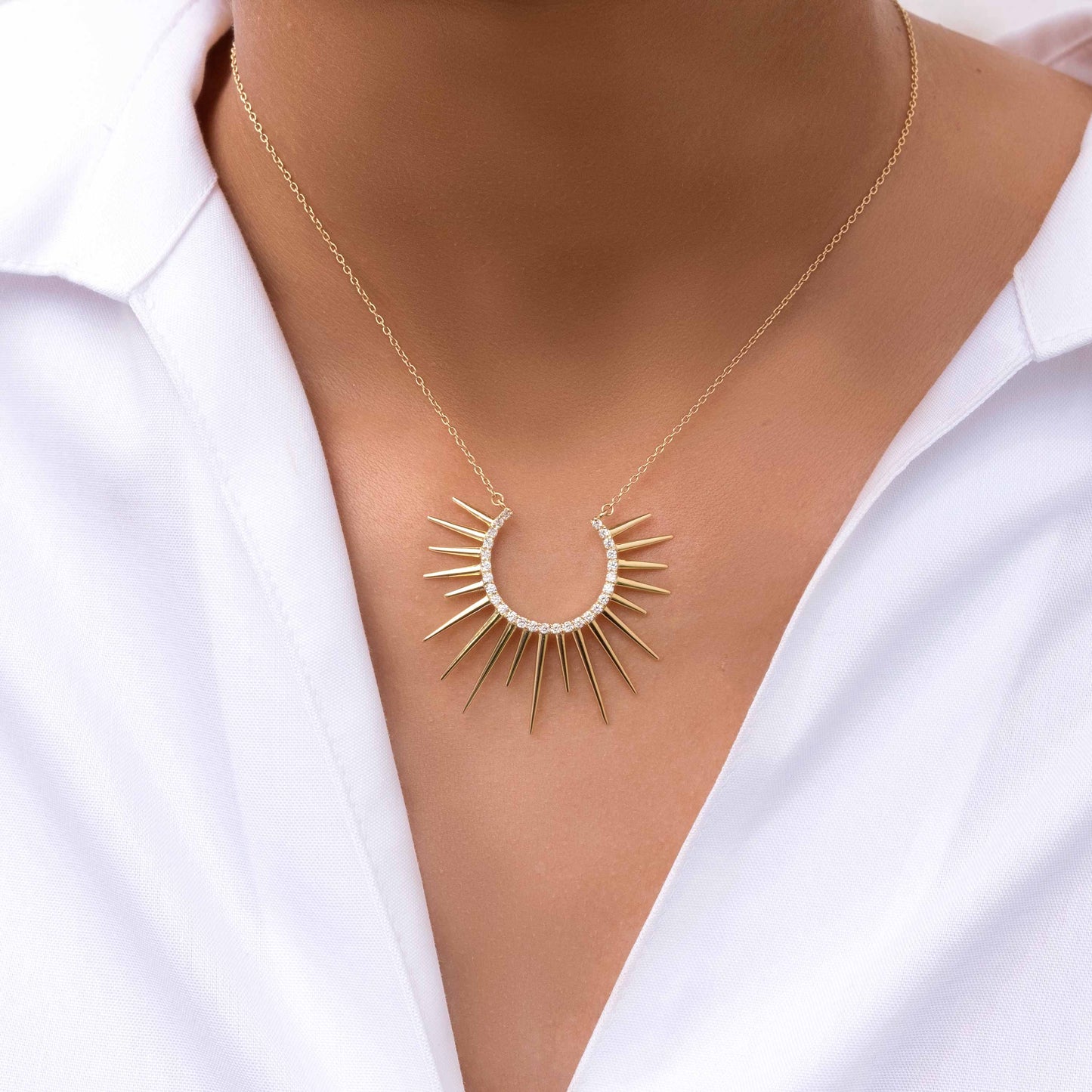 18K Yellow Gold Rising Sun Diamond Necklace