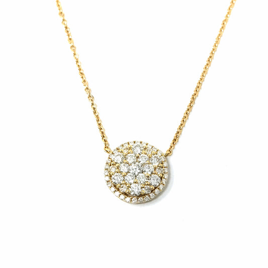 18K Yellow Gold Classic Round Diamond Pendant Necklace.