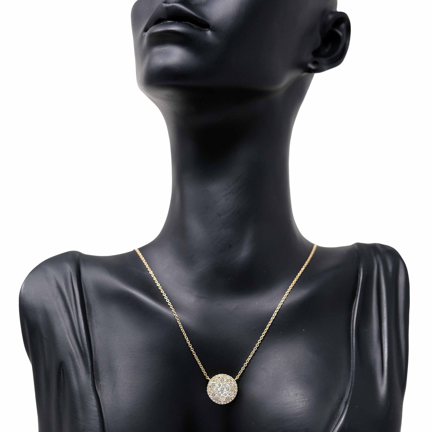 18K Yellow Gold Classic Round Diamond Pendant Necklace.