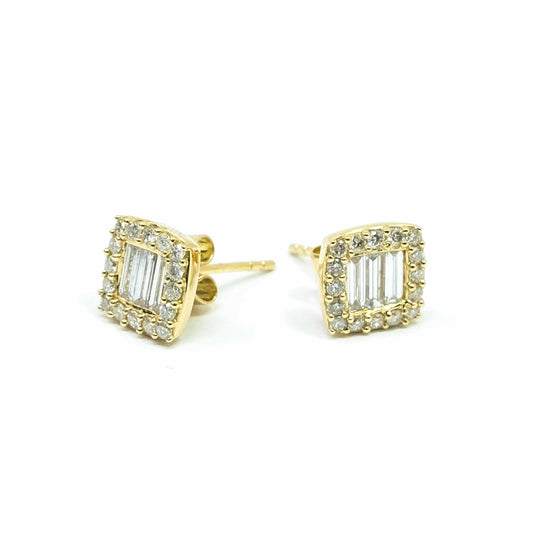 18K Yellow Gold Square Diamond Stud and Baguette Earrings