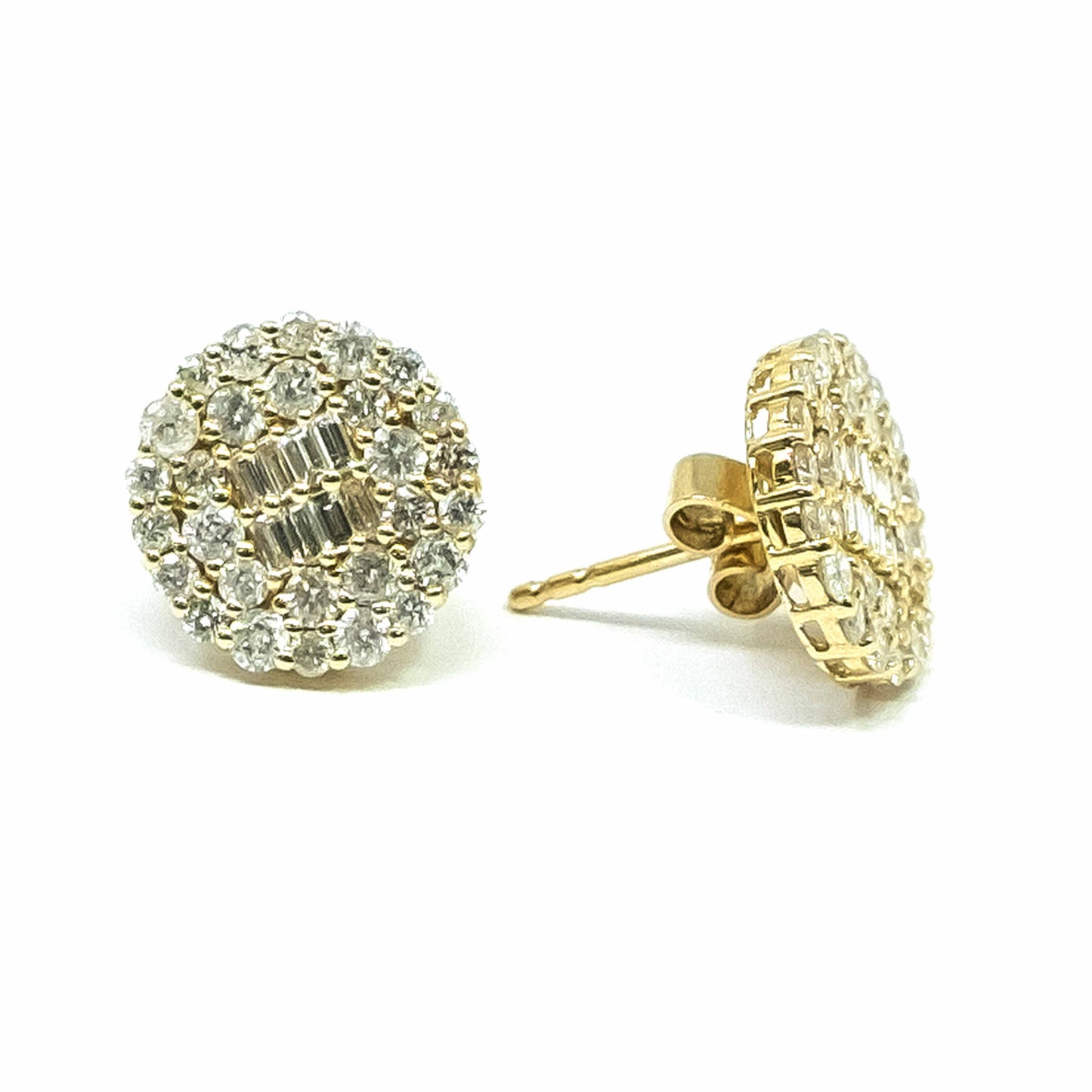 14K Yellow Gold Round Diamond and Baguettes Stud Earrings