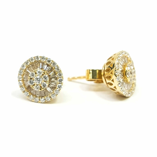 18K Yellow Gold Baguette Round Diamond Stud Earrings