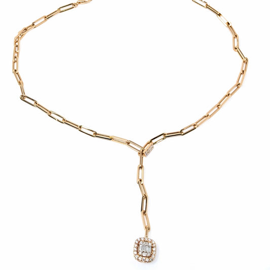 18K Rose Gold Lariat Diamond Necklace with Square drop