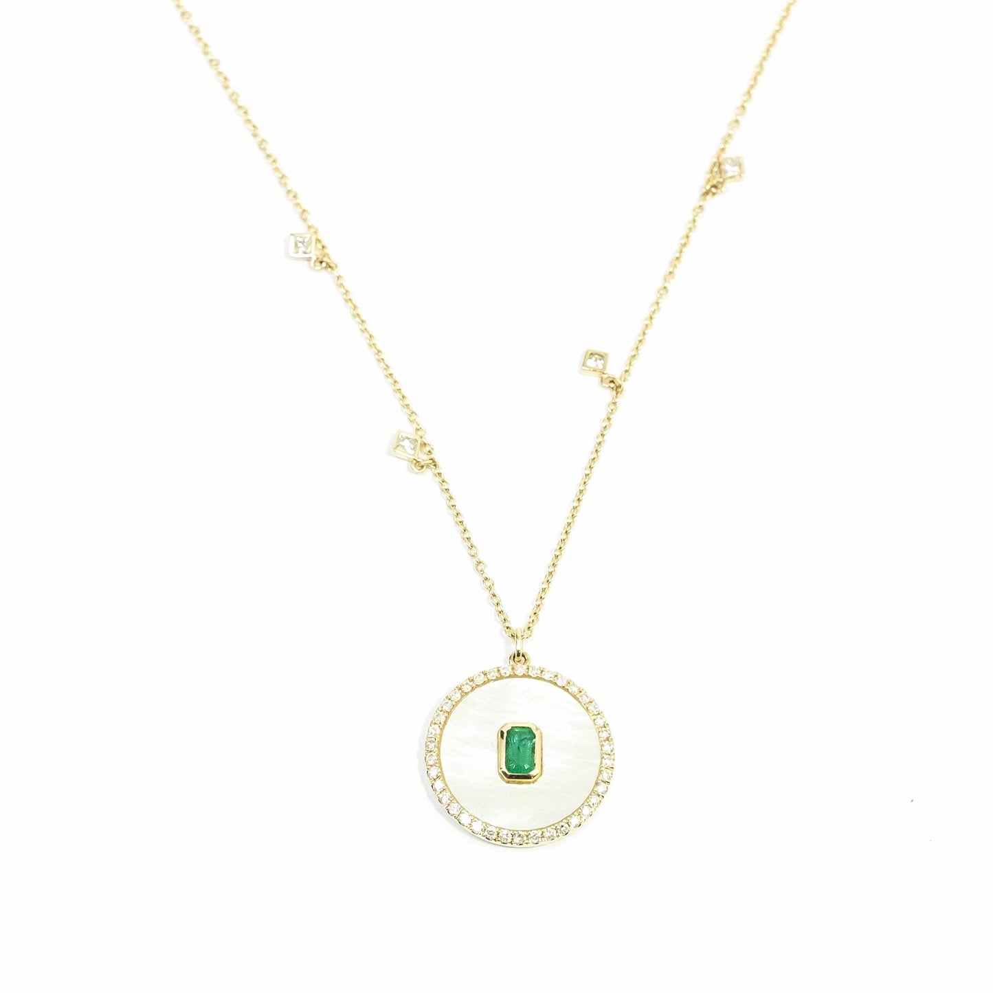 14K Yellow Gold Mother of Pearl Disk with Emerald Center Diamond Necklace