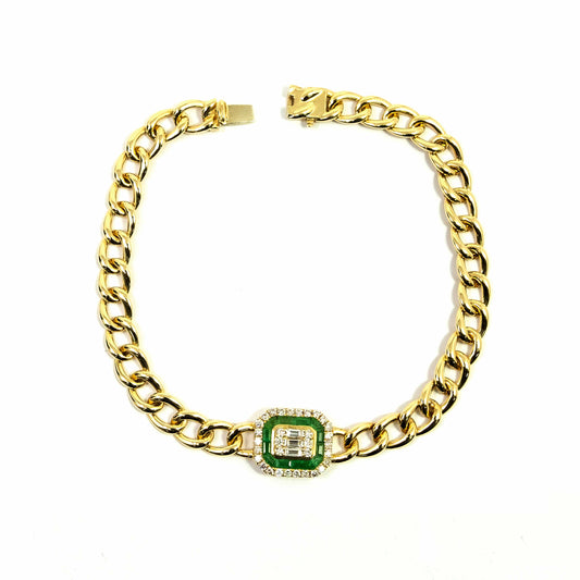 14K Yellow Gold Emerald and Diamond Cuban Link Bracelet