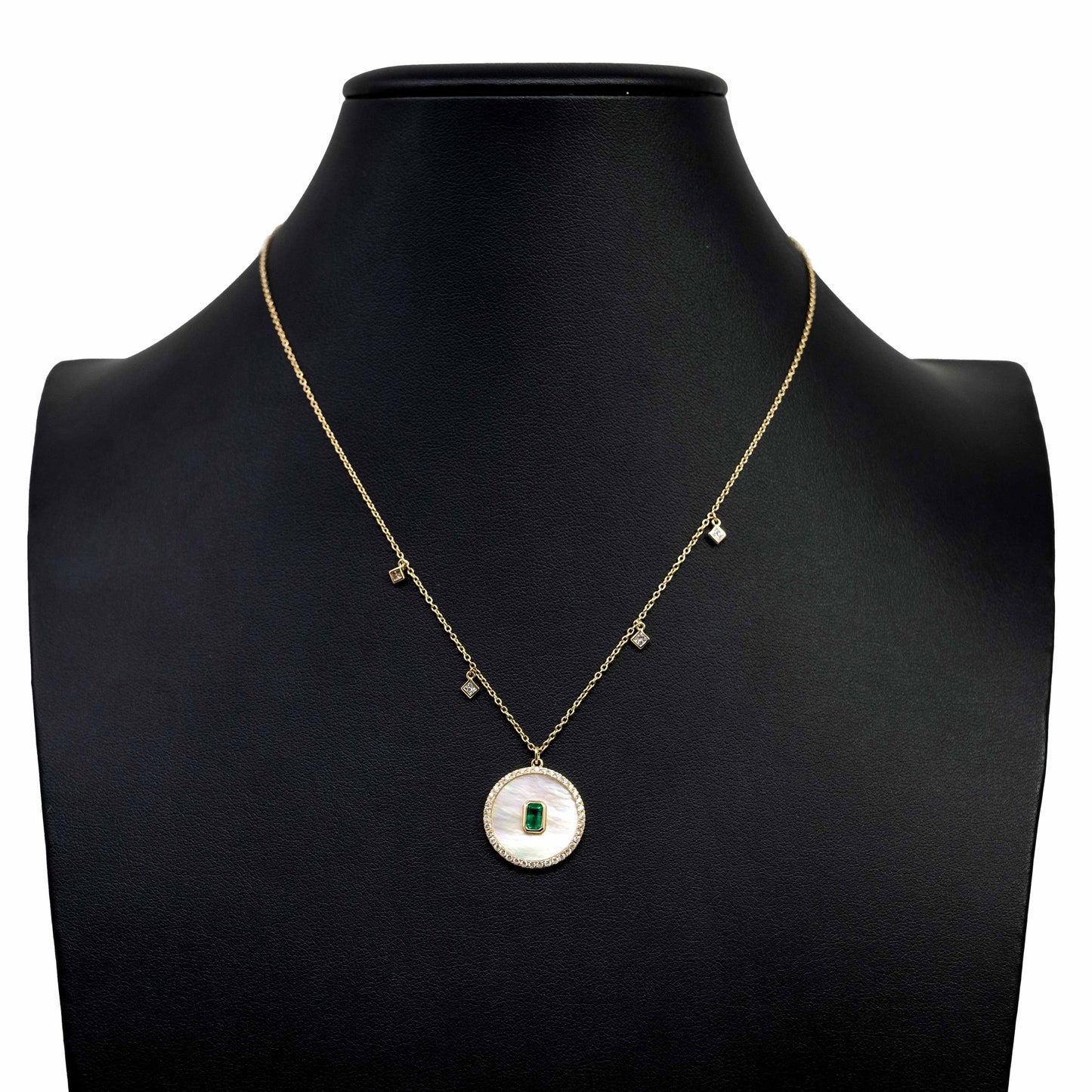 14K Yellow Gold Mother of Pearl Disk with Emerald Center Diamond Necklace