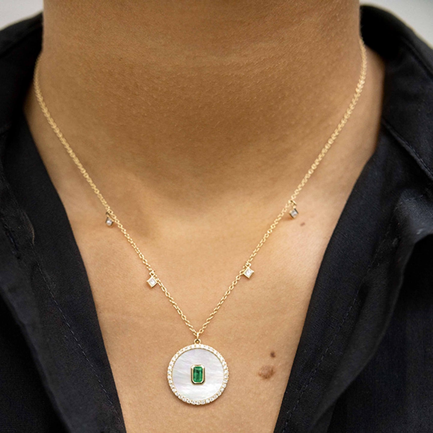 14K Yellow Gold Mother of Pearl Disk with Emerald Center Diamond Necklace