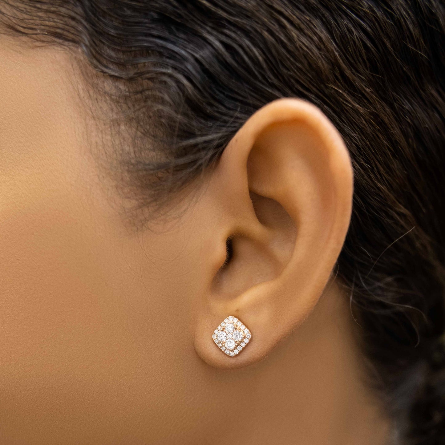 18K Rose Gold Diamond Square Stud Earrings