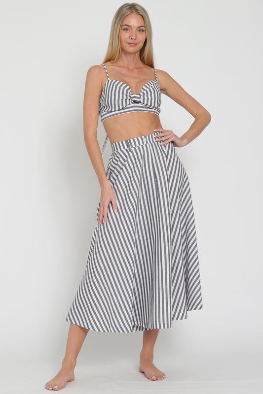 Aakaa Bra Top & High Waisted Stripe Midi Skirt Set