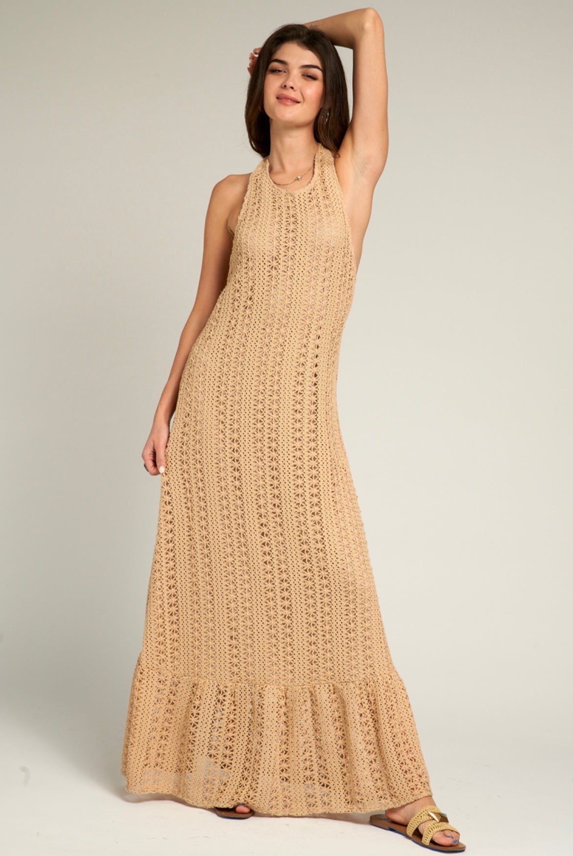 En Creme Crochet Halter Neck Maxi Dress