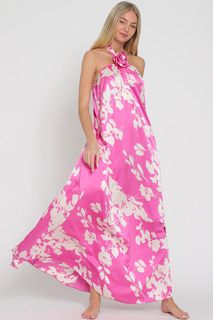 Aakaa Halter Backless Flower Trim Detailing Maxi Dress