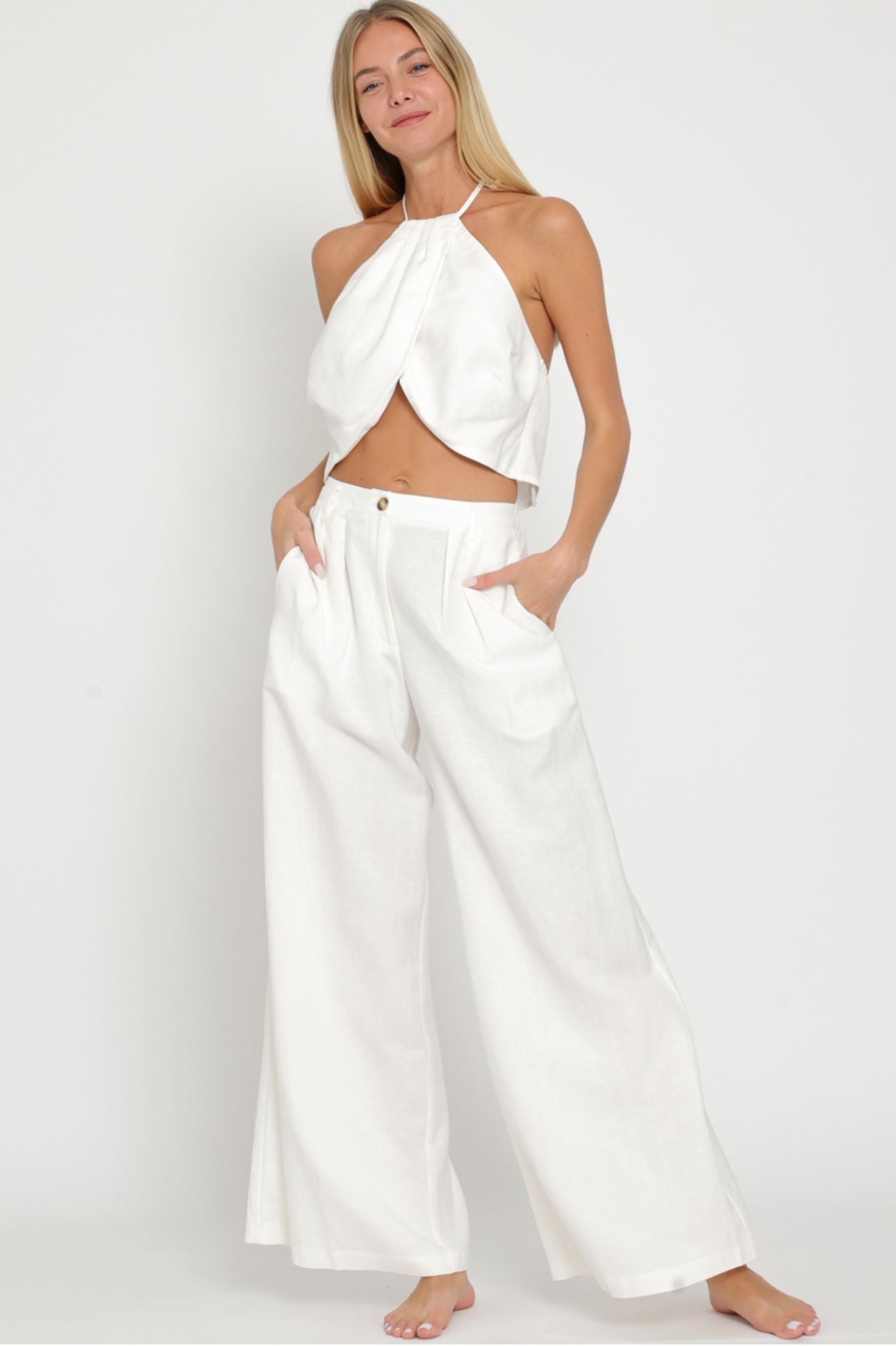 Aakaa Halter Tie Back Neck Top & High Waisted Long Pants Set