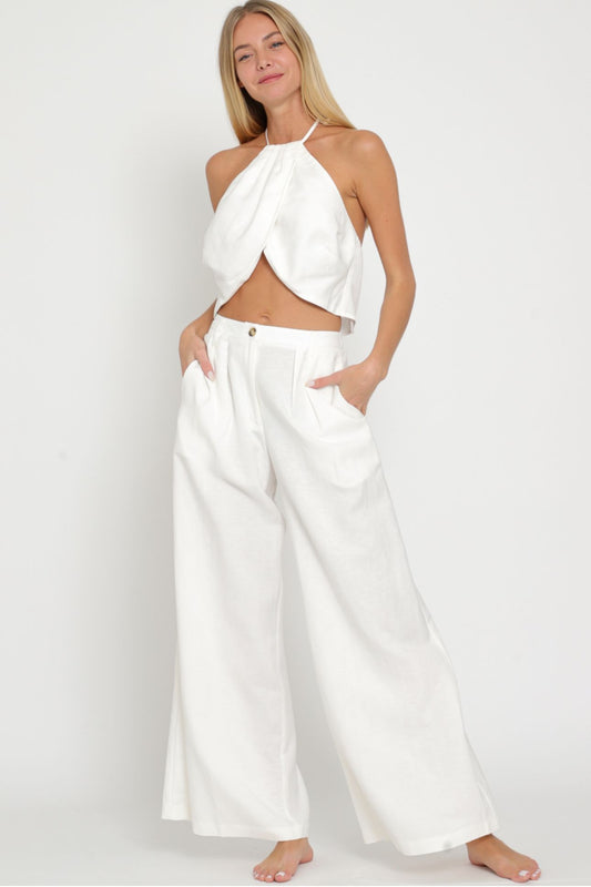 Aakaa Halter Tie Back Neck Top & High Waisted Long Pants Set