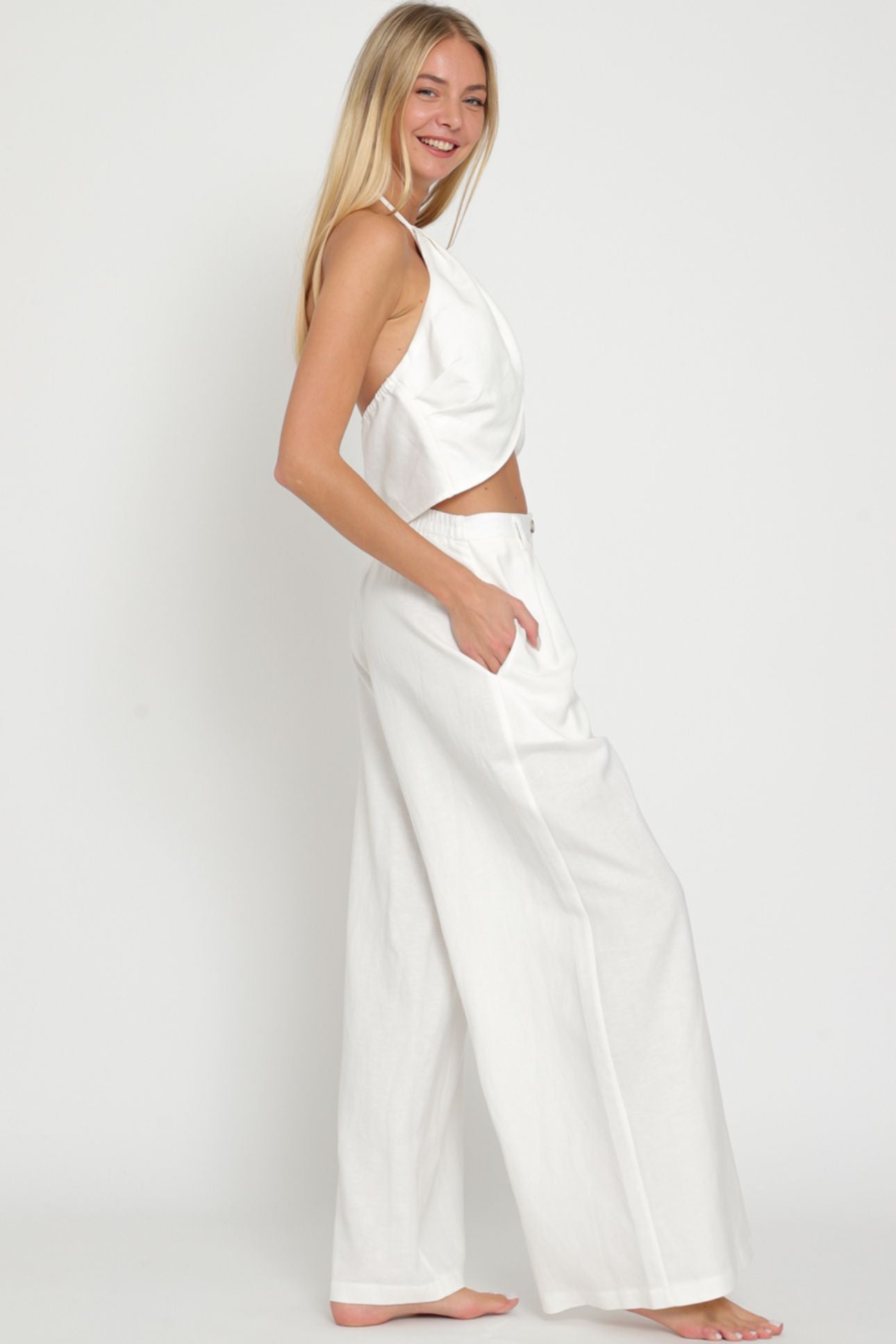 Aakaa Halter Tie Back Neck Top & High Waisted Long Pants Set