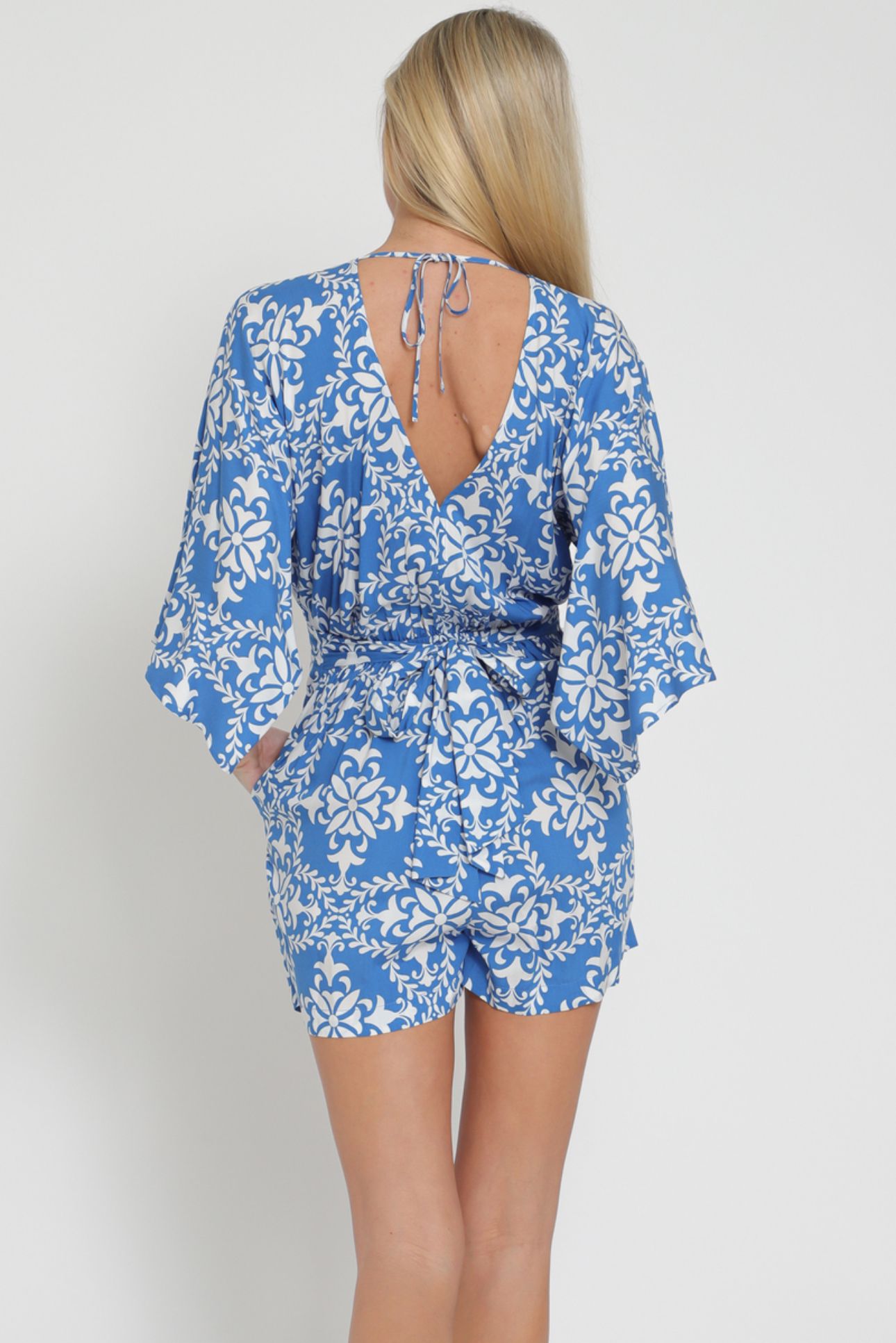 AaKaa Kimono Sleeve Tie Front Chest Elastic Back Waisted Romper