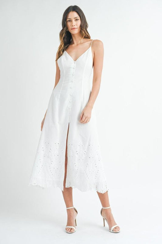 Mable Spaghetti strap eyelet embroidered lace open back midi dress