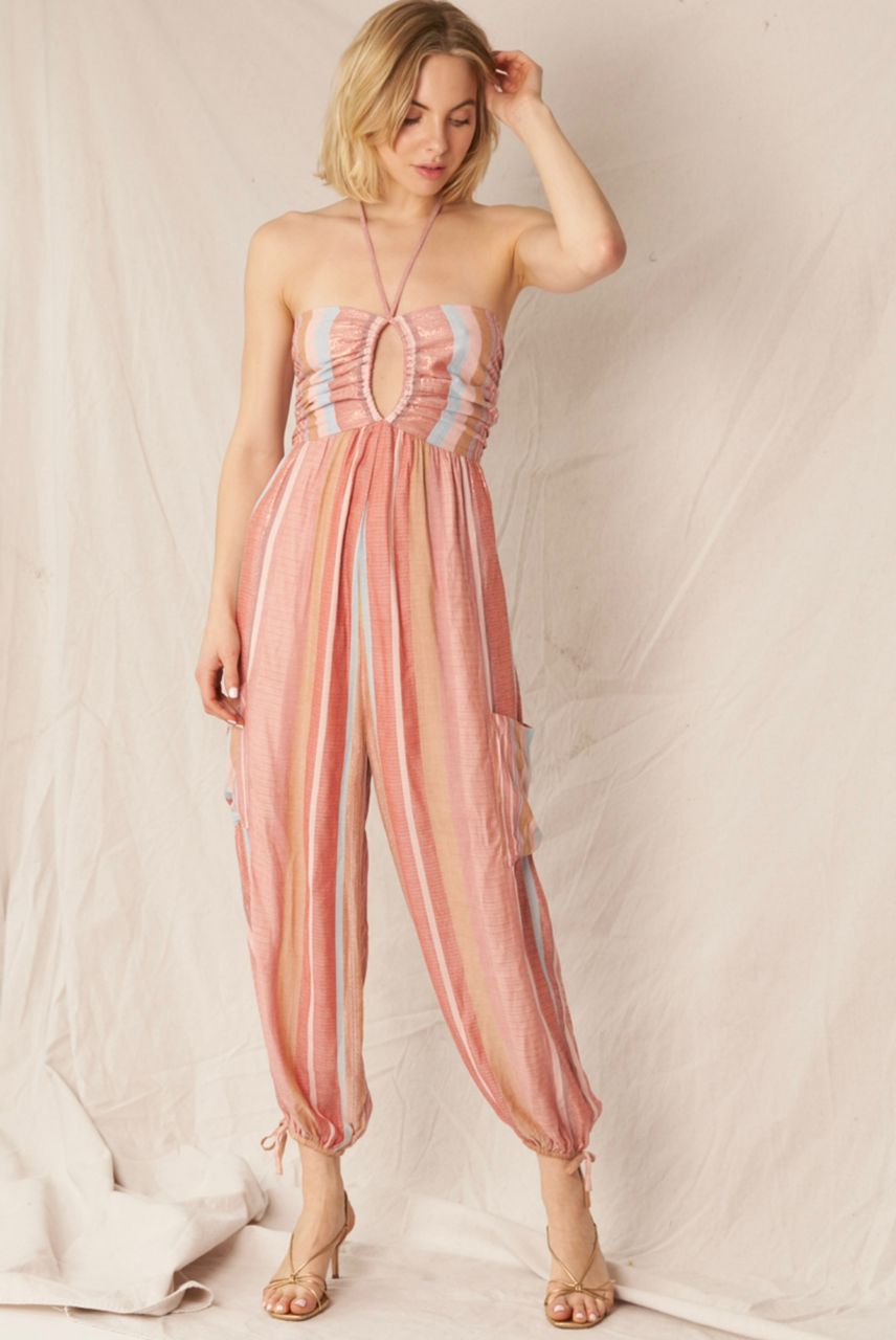 En Creme Multicolor Halter Neck Jumpsuit with Lurex