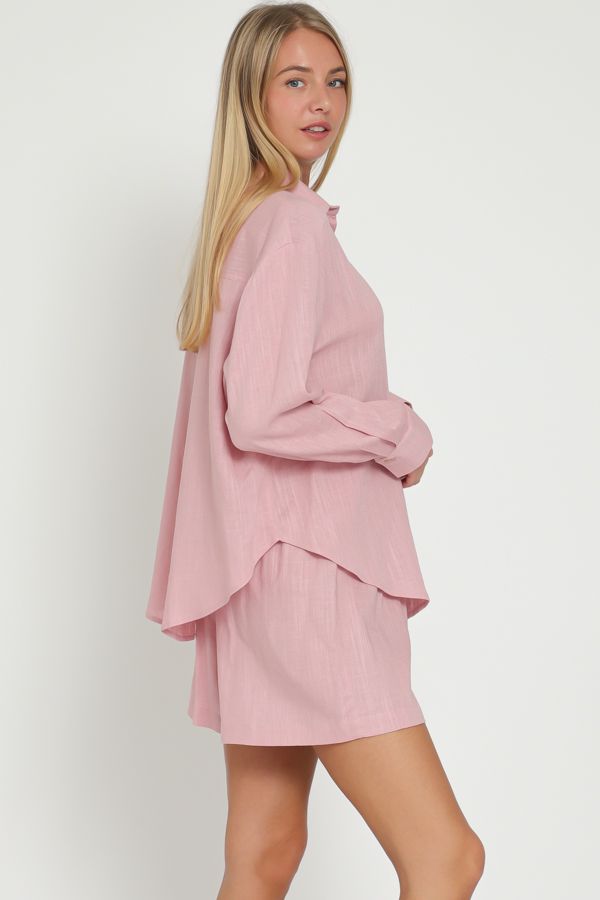 Aakaa Long Sleeve Shirt Top and High Waisted Linen Shorts Set