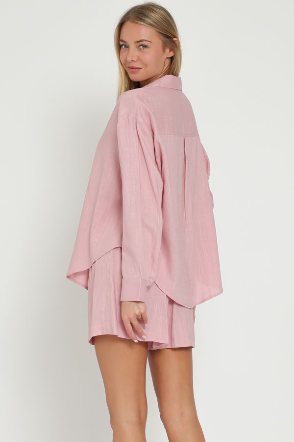 Aakaa Long Sleeve Shirt Top and High Waisted Linen Shorts Set