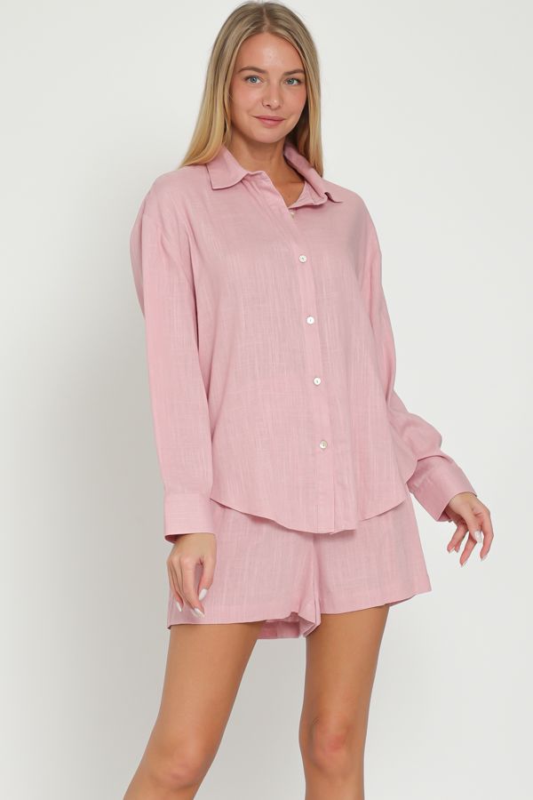 Aakaa Long Sleeve Shirt Top and High Waisted Linen Shorts Set