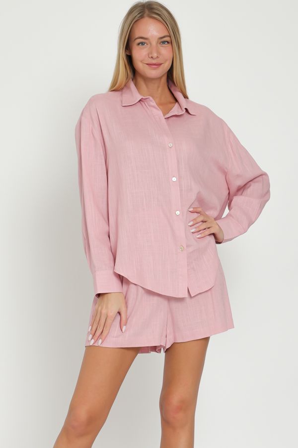 Aakaa Long Sleeve Shirt Top and High Waisted Linen Shorts Set