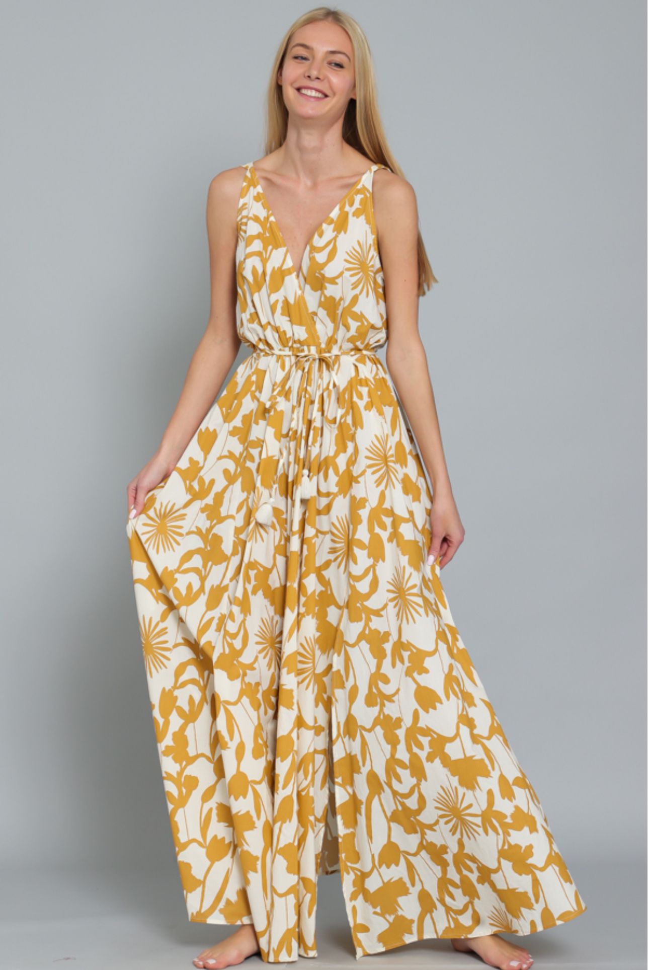 Aakaa Sleeveless Tie Front Waisted Maxi Dress