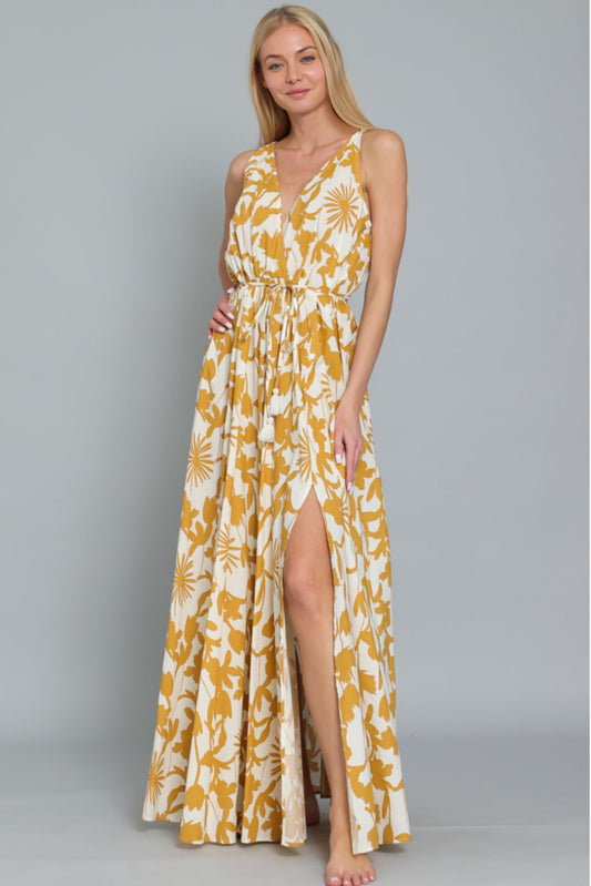 Aakaa Sleeveless Tie Front Waisted Maxi Dress