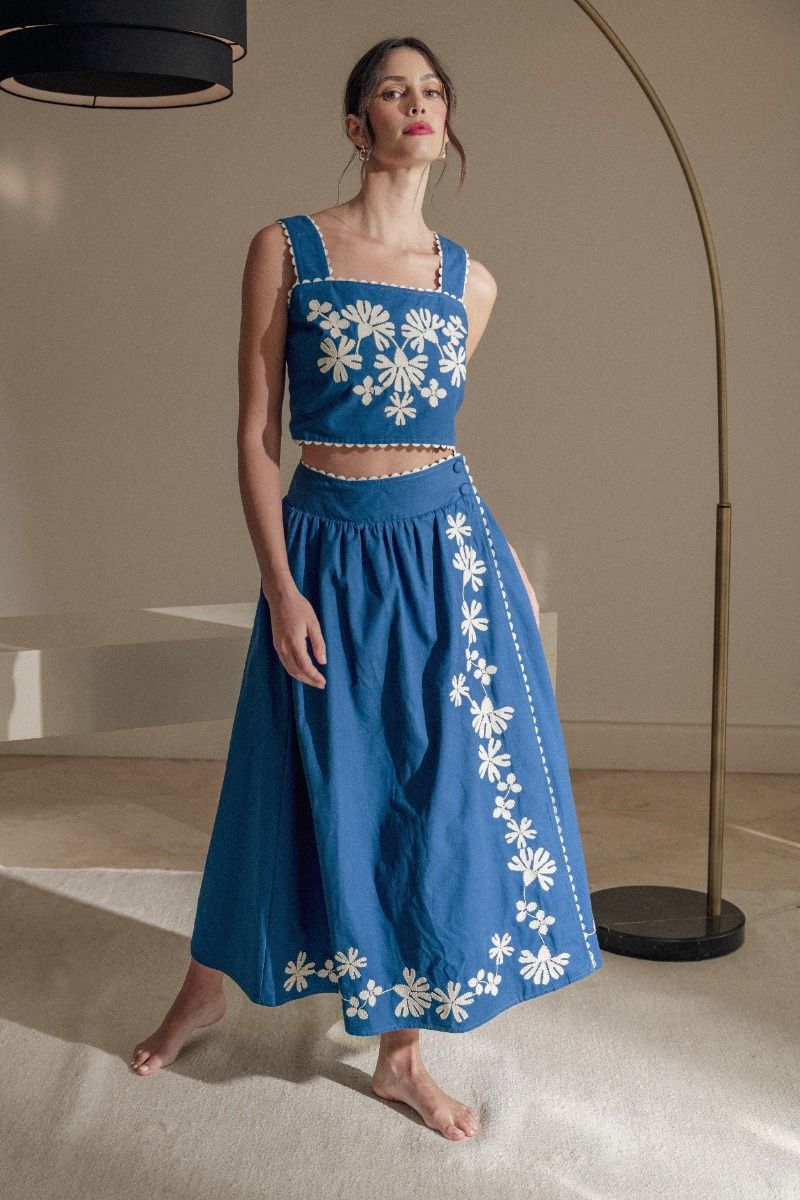 Mable Embroidered Crop Top and Midi Skirt Set