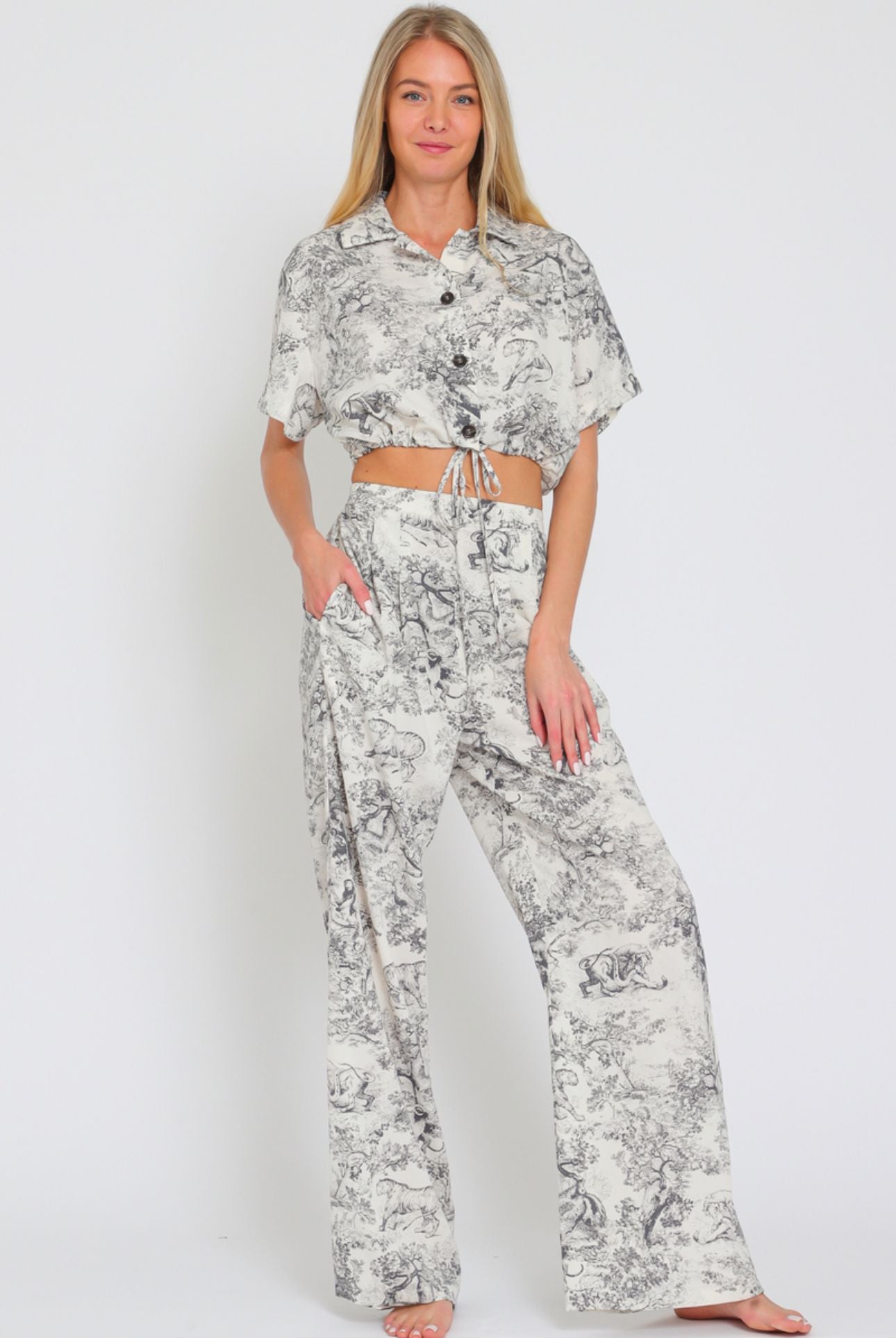 Aakaa Short Sleeve Button Down Top & Hight Waisted long Pants Set