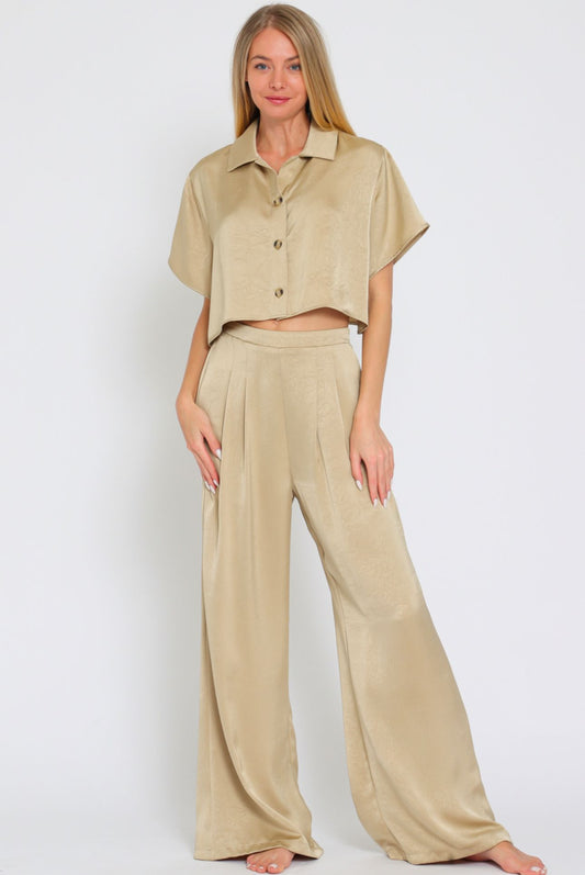 Aakaa Short Sleeve Shirt Top & High Waisted Long Pants Set