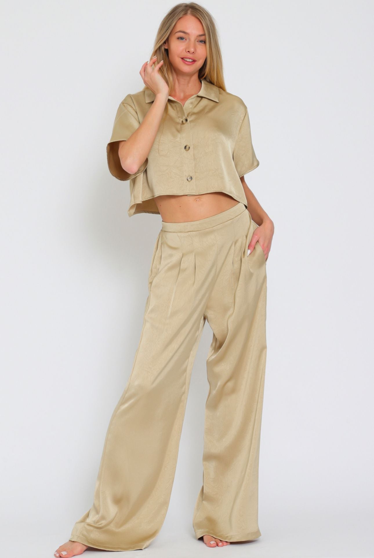 Aakaa Short Sleeve Shirt Top & High Waisted Long Pants Set