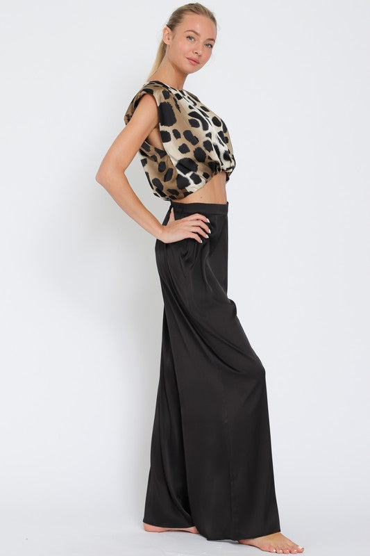 Aakaa Shoulder Pad Top and High Waisted Long Pants Set