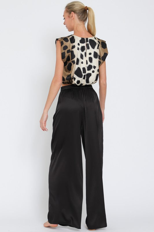 Aakaa Shoulder Pad Top and High Waisted Long Pants Set