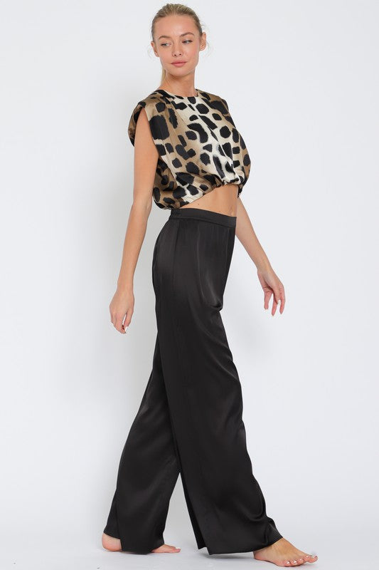 Aakaa Shoulder Pad Top and High Waisted Long Pants Set